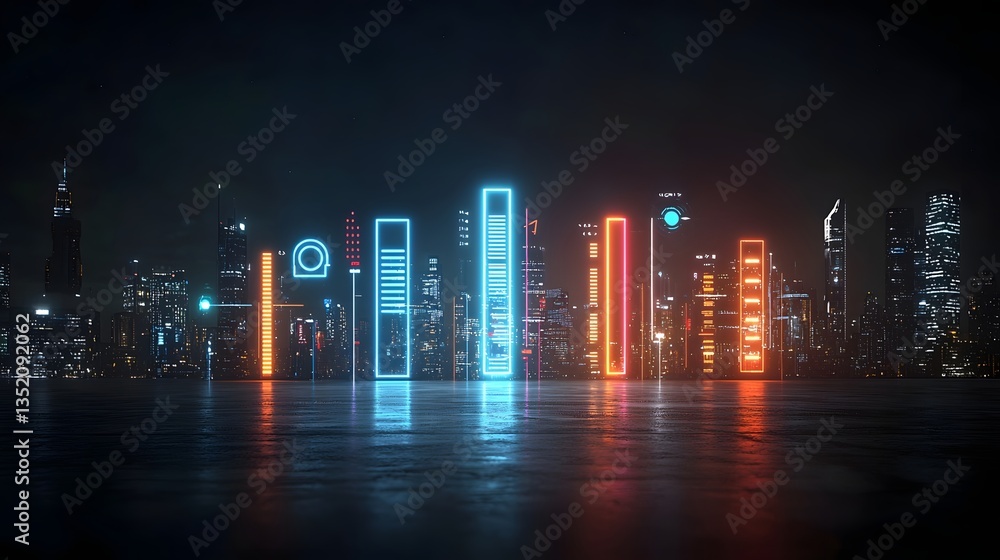 Poster futuristic neon bar chart with five semi transparent glowing bars pulsating with a vibrant cyberpunk