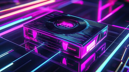 Retro-futuristic cassette tape player, neon-lit, abstract, technology, geometric, reflection, vibrant colors,  modern design.
