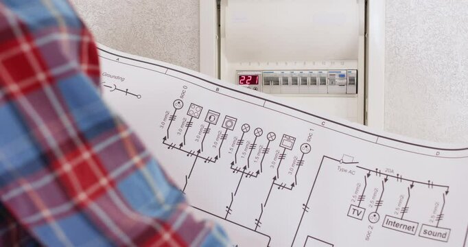 Man in bright shirt flips breaker with help of electric wiring diagram. Guy carefully works with electrical distribution box looking at instructions