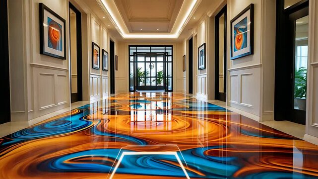 Modern Hallway with Glossy Abstract Epoxy Floor Featuring Swirling Blue and Orange Patterns Under Bright Lighting

