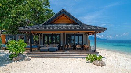 Fototapeta premium Tropical beachside bungalow, ocean view, relaxing scene, vacation