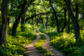 Fototapeta premium Tranquil Hiking Trail Winding through Lush Woodland under a Sunlit Canopy - Perfect Escape into Nature
