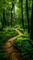 Obraz premium Tranquil Hiking Trail Winding through Lush Woodland under a Sunlit Canopy - Perfect Escape into Nature