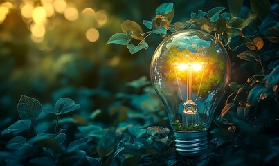A creative concept image showing a glowing light bulb surrounded by lush green leaves, with the warm sunlight inside the bulb symbolizing eco-friendly energy,