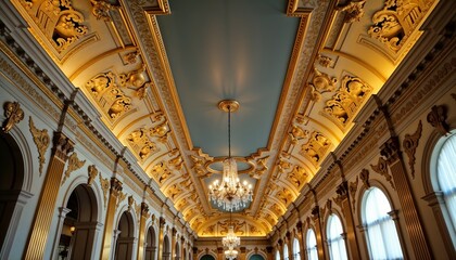 Naklejka premium Elegant ceiling with gold leaf details in luxurious interior and copy space 