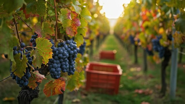 Vineyard harvest scene with ripe blue grapes and red basket. Autumn winemaking process. Grape picking in sunlit rows for wine production