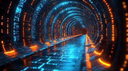 Futuristic tunnel glowing with orange and blue lights