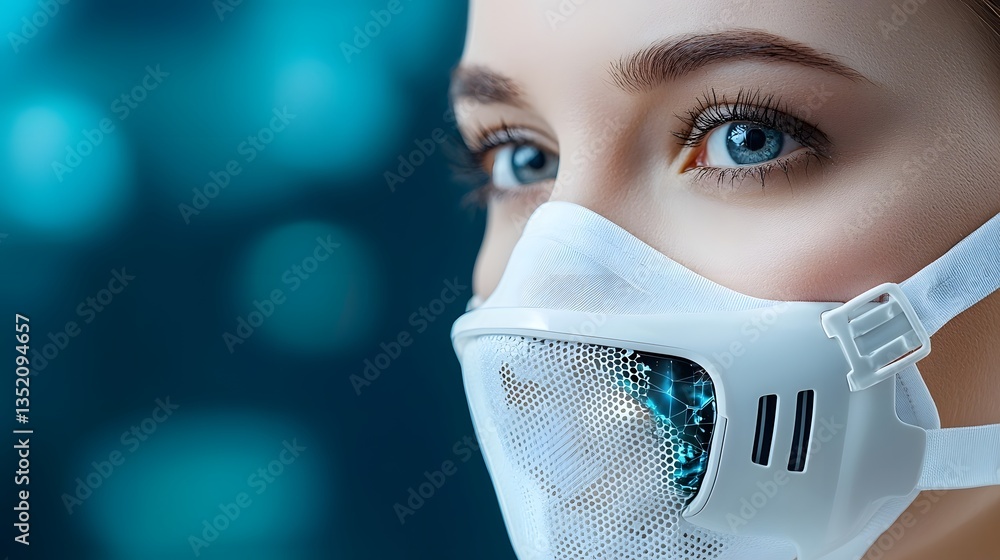 Poster holographic mask displaying real time air analysis and data visualization depicting respiratory safe