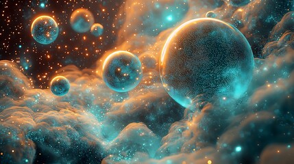 Glowing orbs float in a cosmic nebula.