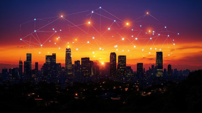 Cityscape network sunset, abstract, interconnected, potential for tech/future/connections