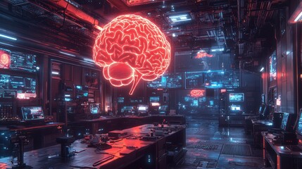 Obraz premium Futuristic brain room, advanced tech. interior, illuminated brain, possible use in sci-fi and AI, data processing