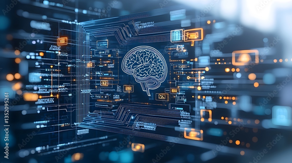 Poster hyper-detailed digital interface with flowing cybernetic network