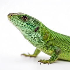Obraz premium Vibrant Green Lizard Close-Up on White Background – Reptile Macro Photography