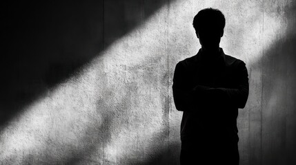 Silhouette man, arms crossed, in shadowed room