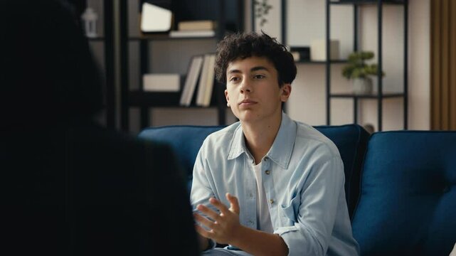 Teen boy complaining to a psychologist about peer pressure, therapy discussion