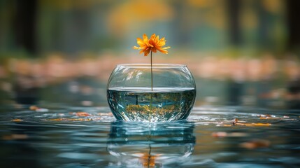 Autumn flower in a glass bowl on water, park scene, still life, nature