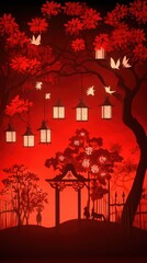 Red hued night scene features lanterns birds trees and foliage