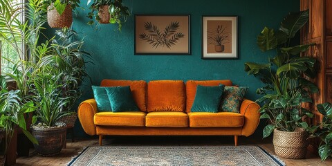 A vibrant living room blends teal and orange colors. Green plants and decor, accented by pillows on the comfortable sofa, create a lively atmosphere.