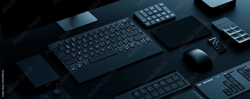 Poster dark workspace with various tech devices and tools.