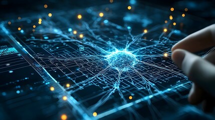 Intricate Cybernetic Visualization of Futuristic Neural Network and Data Processing A complex neural network with glowing synaptic connections and floating digital particles forming an intricate