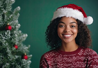 Portrait of a beautiful woman wearing a Christmas hat and red sweater near a Christmas tree