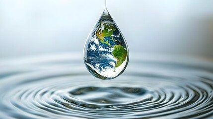 Mesmerizing macro view of a water droplet that contains the continents and oceans of planet Earth suspended above the surface of rippling water
