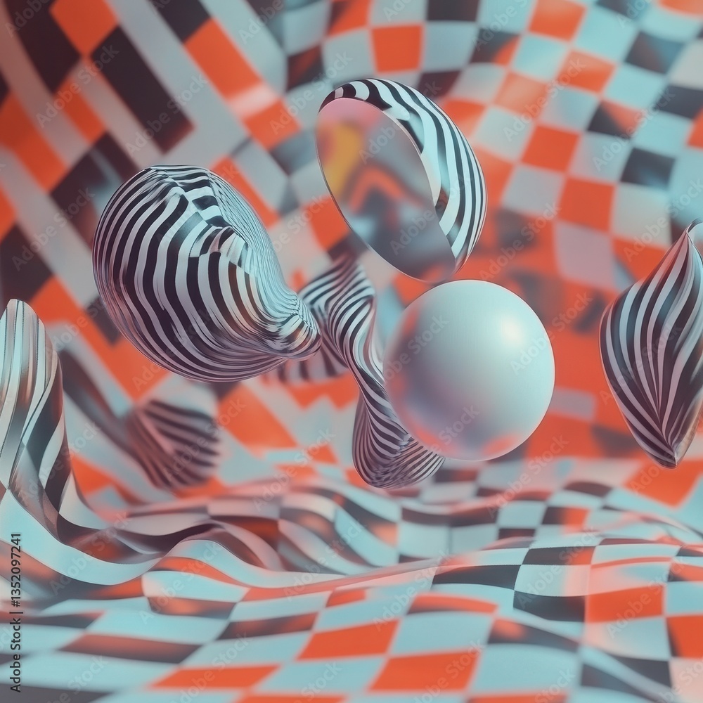 Poster abstract rendered composition of geometric shapes and patterned surfaces