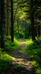 Naklejka premium Tranquil Hiking Trail Winding through Lush Woodland under a Sunlit Canopy - Perfect Escape into Nature