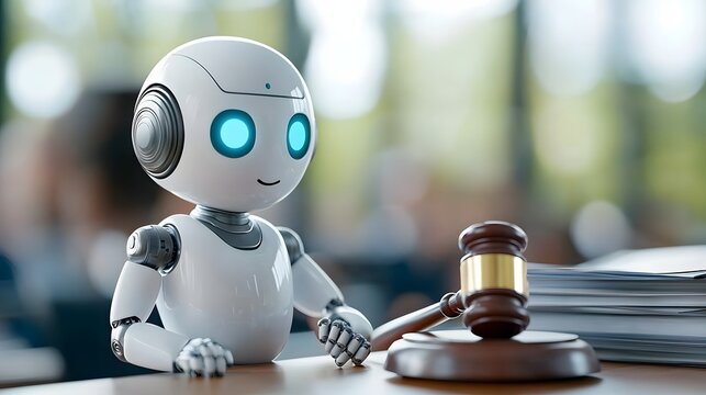 Miniature robot lawyer stands confidently near a courtroom desk with a judge s gavel symbolizing regulations and legal documents stacked around in a cinematic lighting setup