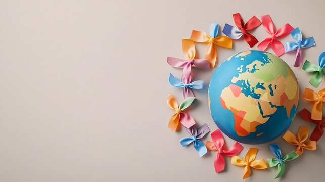 Minimalist top down view of a globe encircled by colorful awareness ribbons on a soft shadowed background conveying a concept of global environmental or charitable awareness