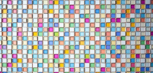 Fototapeta premium Vibrant mosaic tile wall, white & colorful geometric shapes, interior, white, art