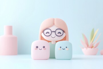 Fototapeta premium Smiling girl character with glasses in cute claymation style standing with two small pastel figures against a soft blue background.