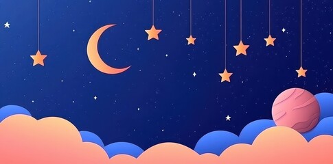 Fototapeta premium A beautiful starry night scene with moon and hanging stars