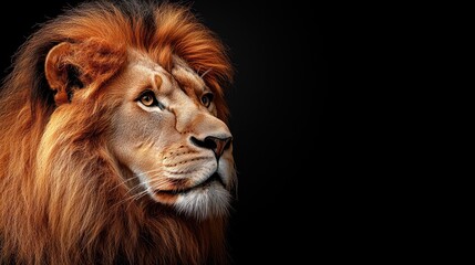 Fototapeta premium Majestic lion portrait against black background. Possible use wildlife photography