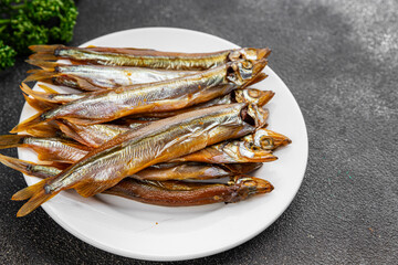 smoked capelin fish sprat vegetables dish fresh delicious gourmet food background on table rustic food top view copy space pescetarian diet