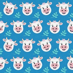 Seamless pattern in vintage applique style with a cheerful toy calf on a blue background, fabric stylization, can be used for packaging, postcards, websites, printing on textiles