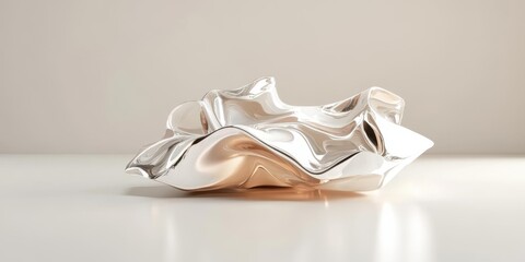 Abstract metallic sculpture showcasing fluid forms on a minimalist surface with soft lighting