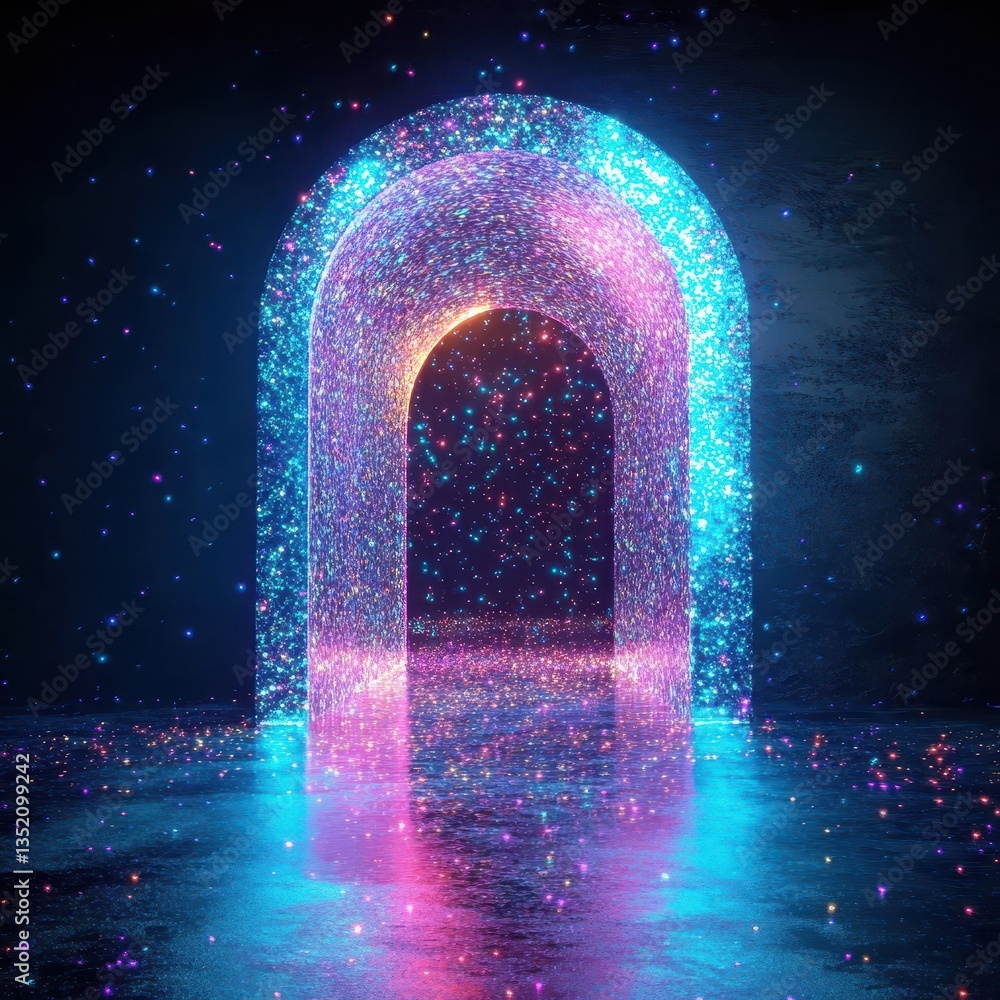 Poster sparkling illuminated arches creating a luminous portal with reflections on the ground
