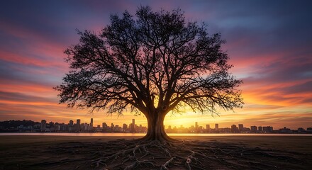 Silhouette Tree with Exposed Roots at Sunset Overlooking City Skyline
