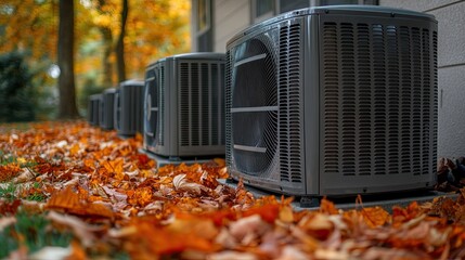 Three outdoor air conditioning units surrounded by fallen leaves, depicting seasonal home HVAC maintenance