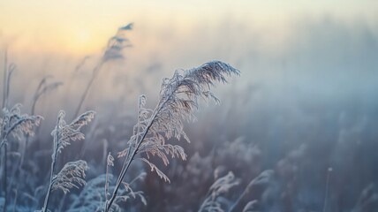 Obraz premium Frozen Plants at Sunrise: Pastel Colors and Soft Light