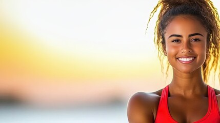 Smiling woman, sunset backdrop