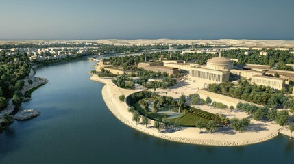 Fototapeta premium Aerial view of a modern cultural center by a river, surrounded by lush greenery and urban landscape