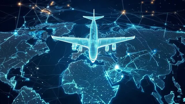 A holographic plane flies over a digital map, showcasing connected routes and travel networks across various regions around the world