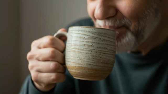 Elderly man enjoying hot beverage in ceramic mug. Senior drinking coffee or tea. Cozy morning ritual. Retirement lifestyle and healthy aging concept.