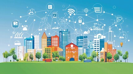 Fototapeta premium Smart city cityscape with interconnected buildings, technology icons, and green spaces.