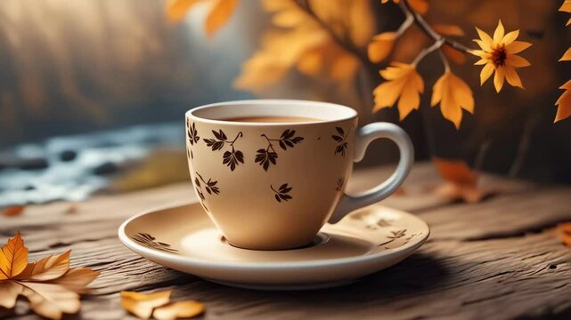 Autumn coffee scene with cup on wooden table. Maple leaves and sunlight. Cozy fall morning concept for greeting card, social media, or blog post background