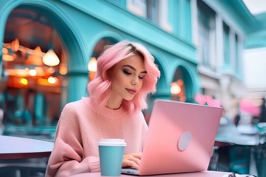 Young beautiful woman sitting at the table in the cafe drinking hot beverage coffee and using phone wireless smartphone technology.