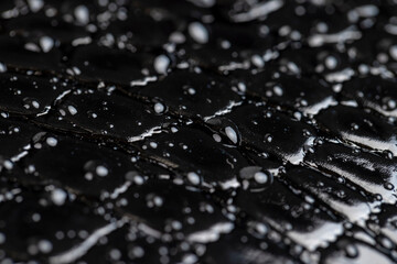 black polished leather dyed black with embossed crocodile leather covered with water droplets