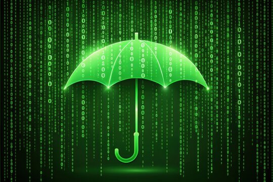 Digital shield and cybersecurity protection, firewall. Green umbrella amidst a digital rain of binary code representing protection and technology.